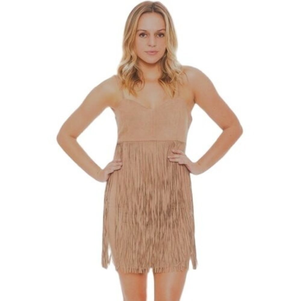 Jack by BB Dakota Womens 4 Rowlands Tan Fringe Dress Faux Vegan Suede